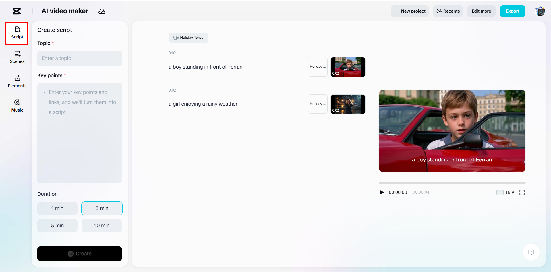 Generating a script and video with CapCut's AI video maker
