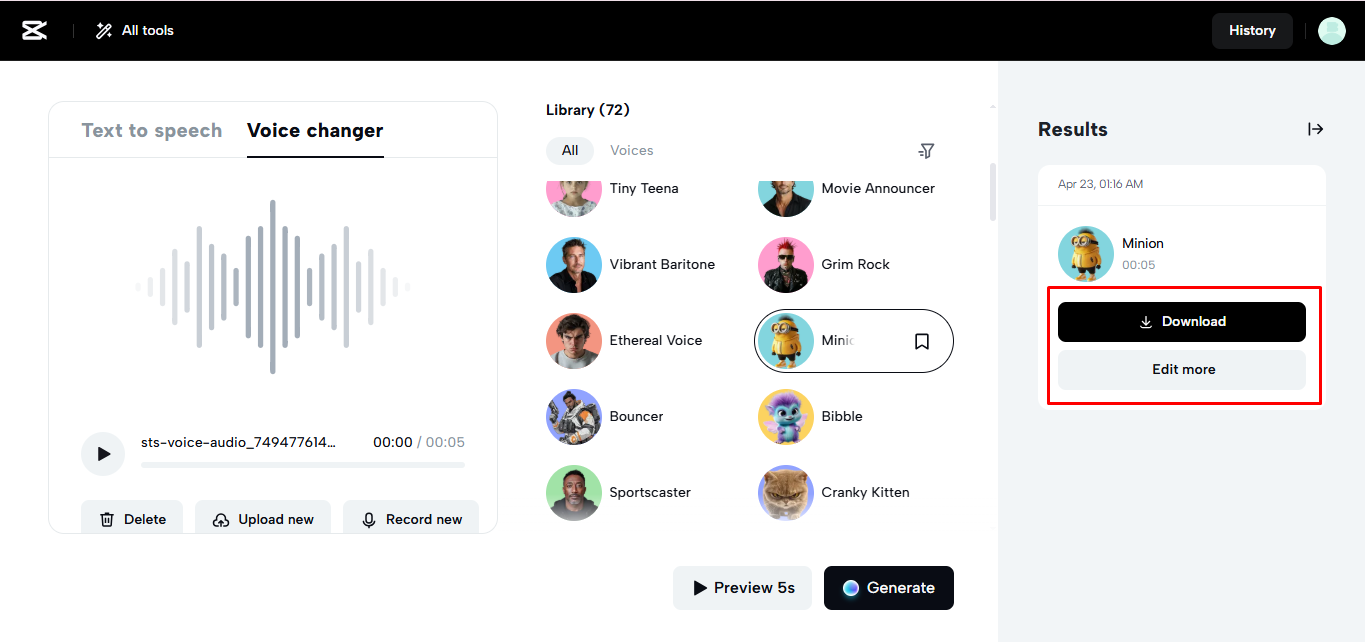 Downloading the audio file from the CapCut desktop video editor