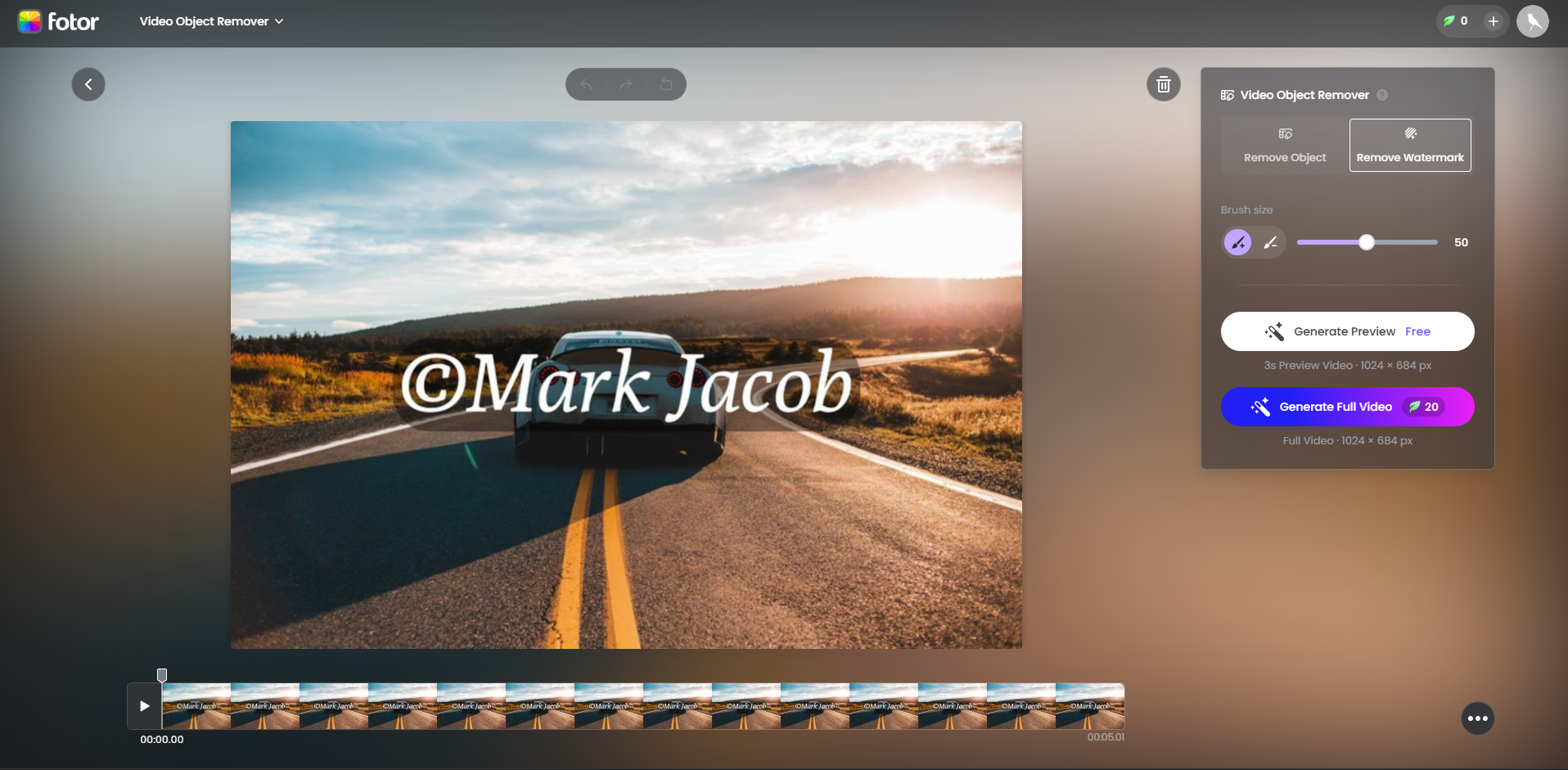Interface of the Fotor watermark remover