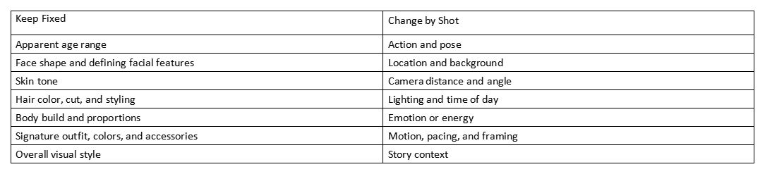 Table comparing elements to keep fixed and change by shot for character consistency