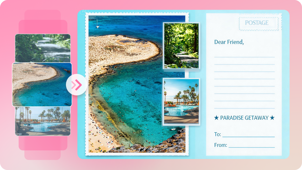 Transform travel photos into shareable postcard memories