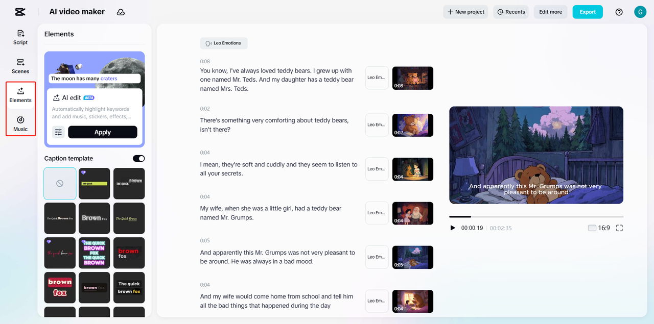 Select caption templates and music in the CapCut PC