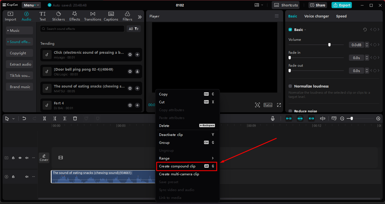 Merging the MP3 files in the CapCut desktop video editor