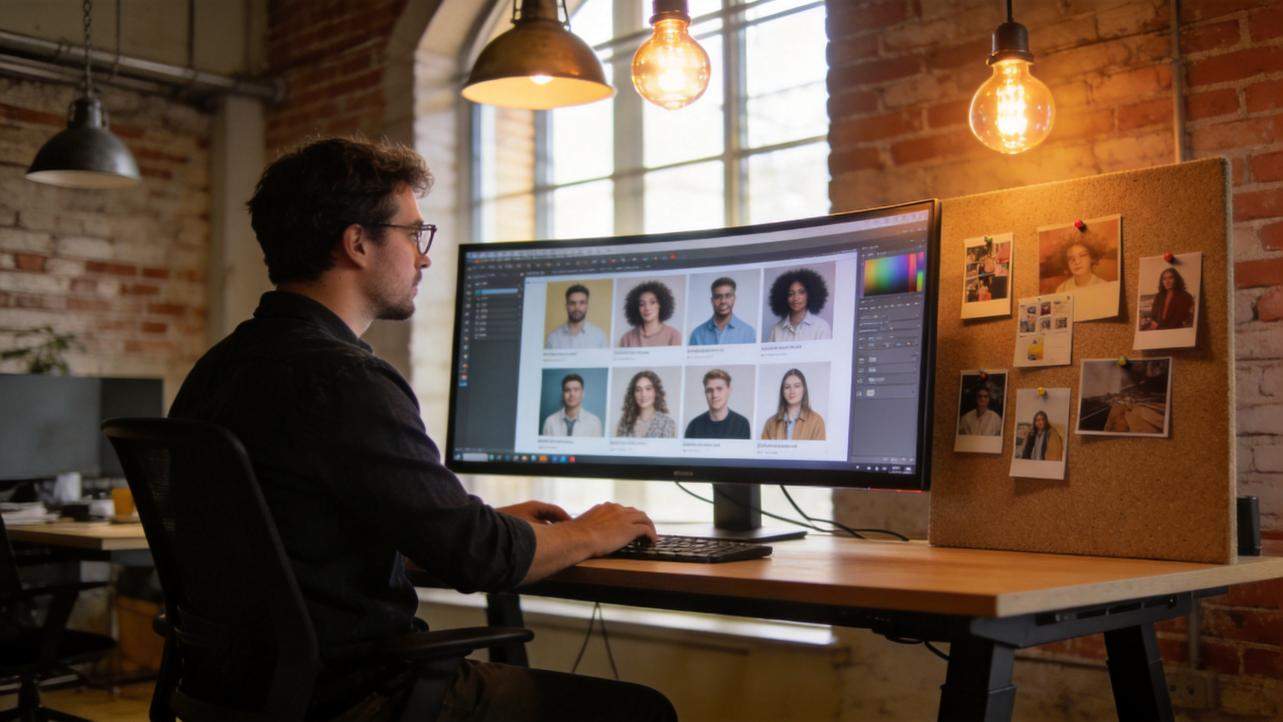 Man reviews creator profile photos on a large computer monitor at a desk