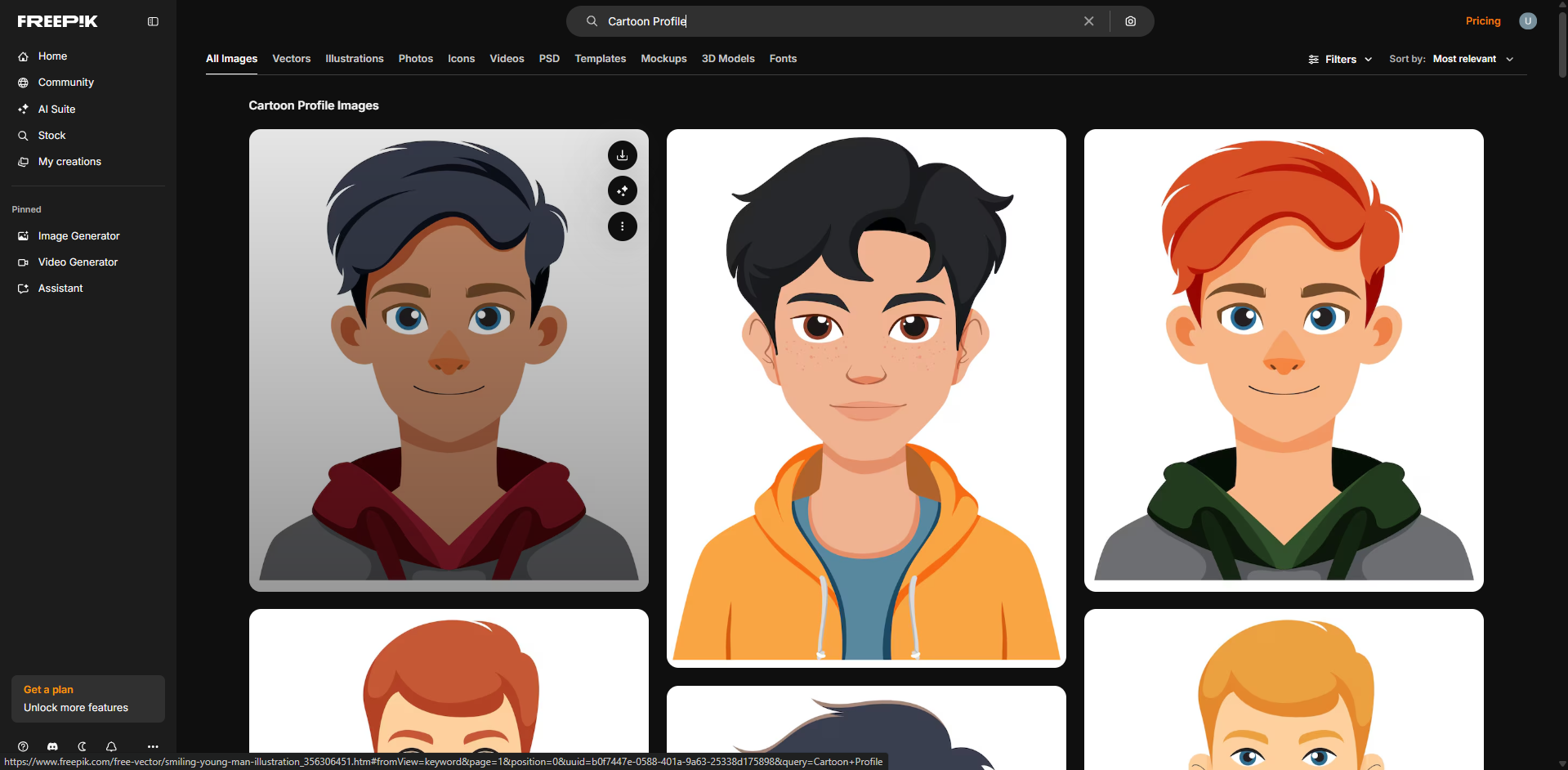 Interface of Freepik - one of the best sites to find cartoon profile pictures
