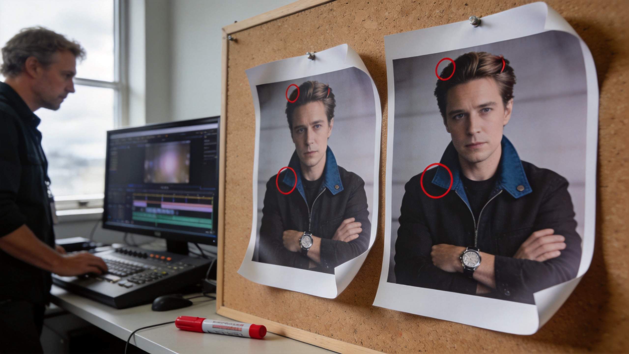 Editor studies a monitor beside two pinned portrait prints with red-circled differences