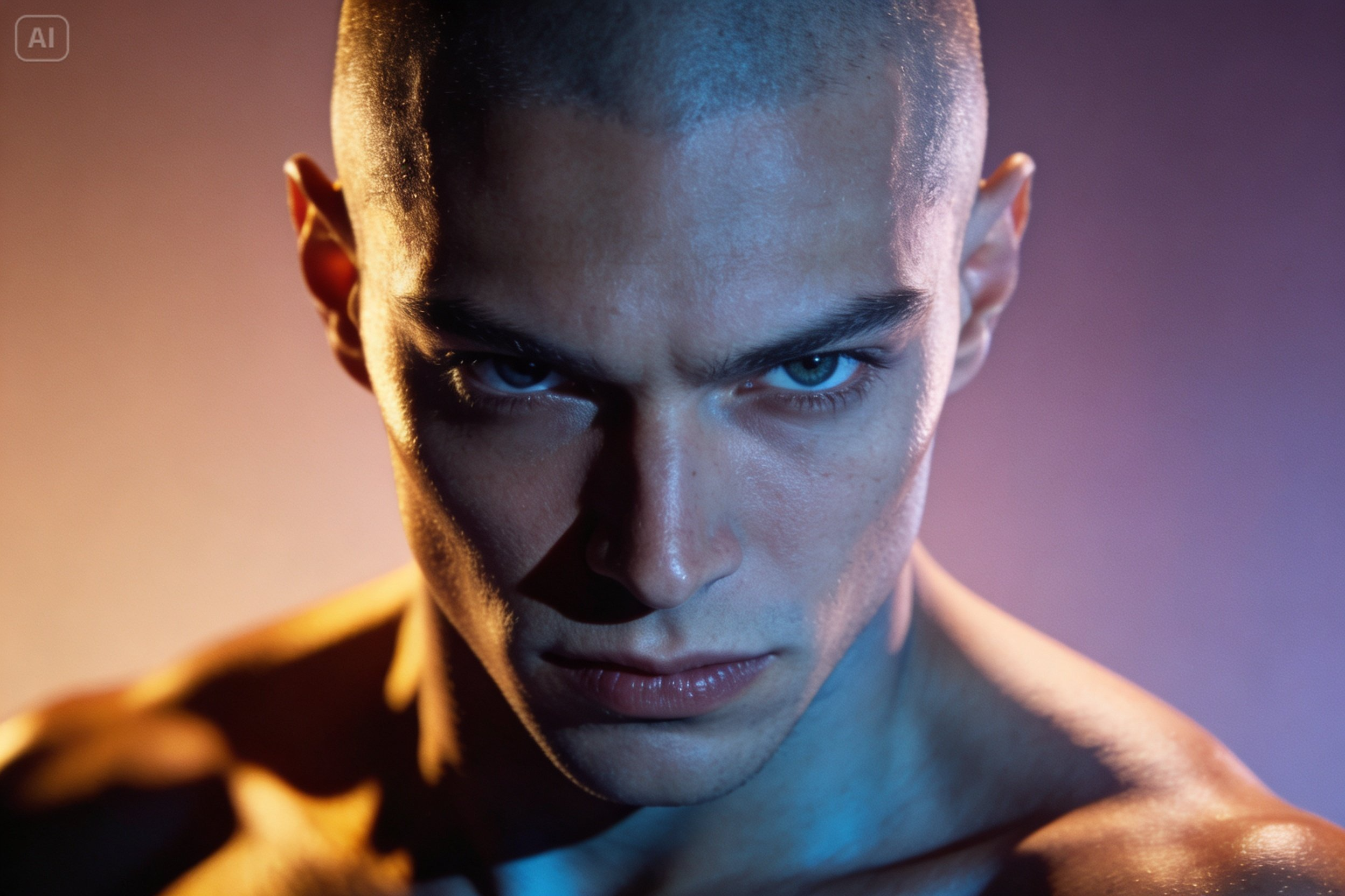 Prompt for stylized shaved head portrait