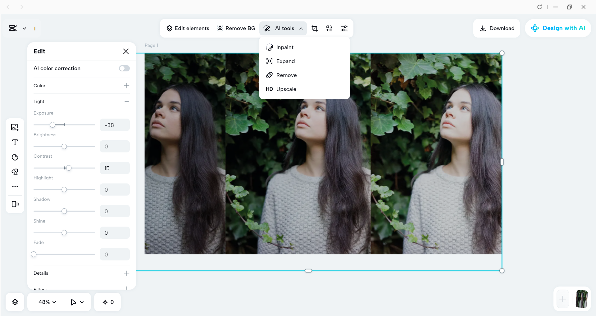 Interface of the CapCut desktop video editor - an easy way to adjust image exposure