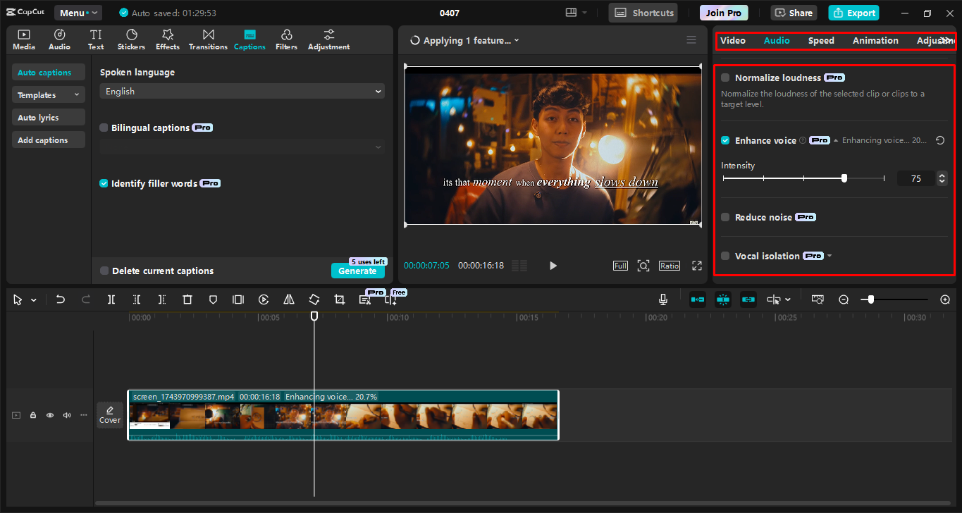 Editing screen recordings with AI tools in the CapCut desktop video editor