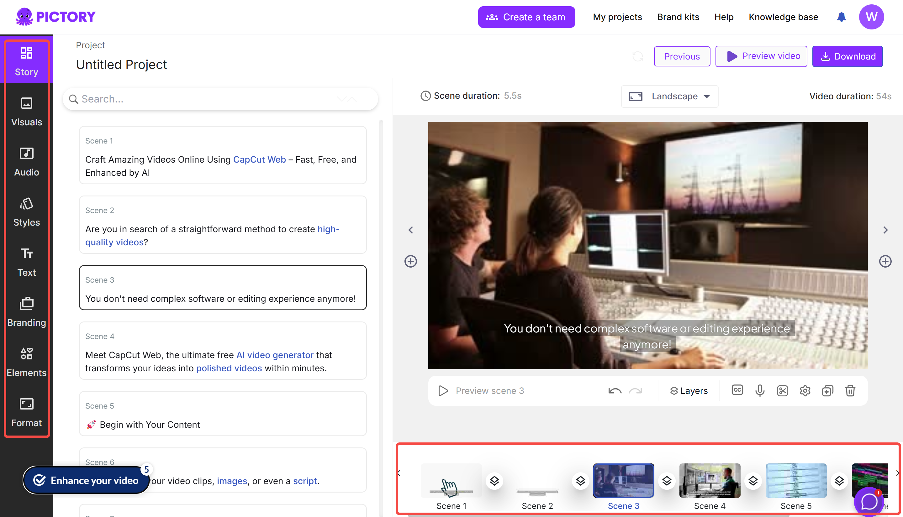 Editing video after generating it in Pictory's text-to-video tool