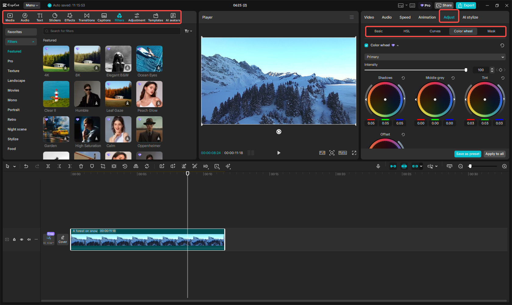 Edit the video file with the color wheel