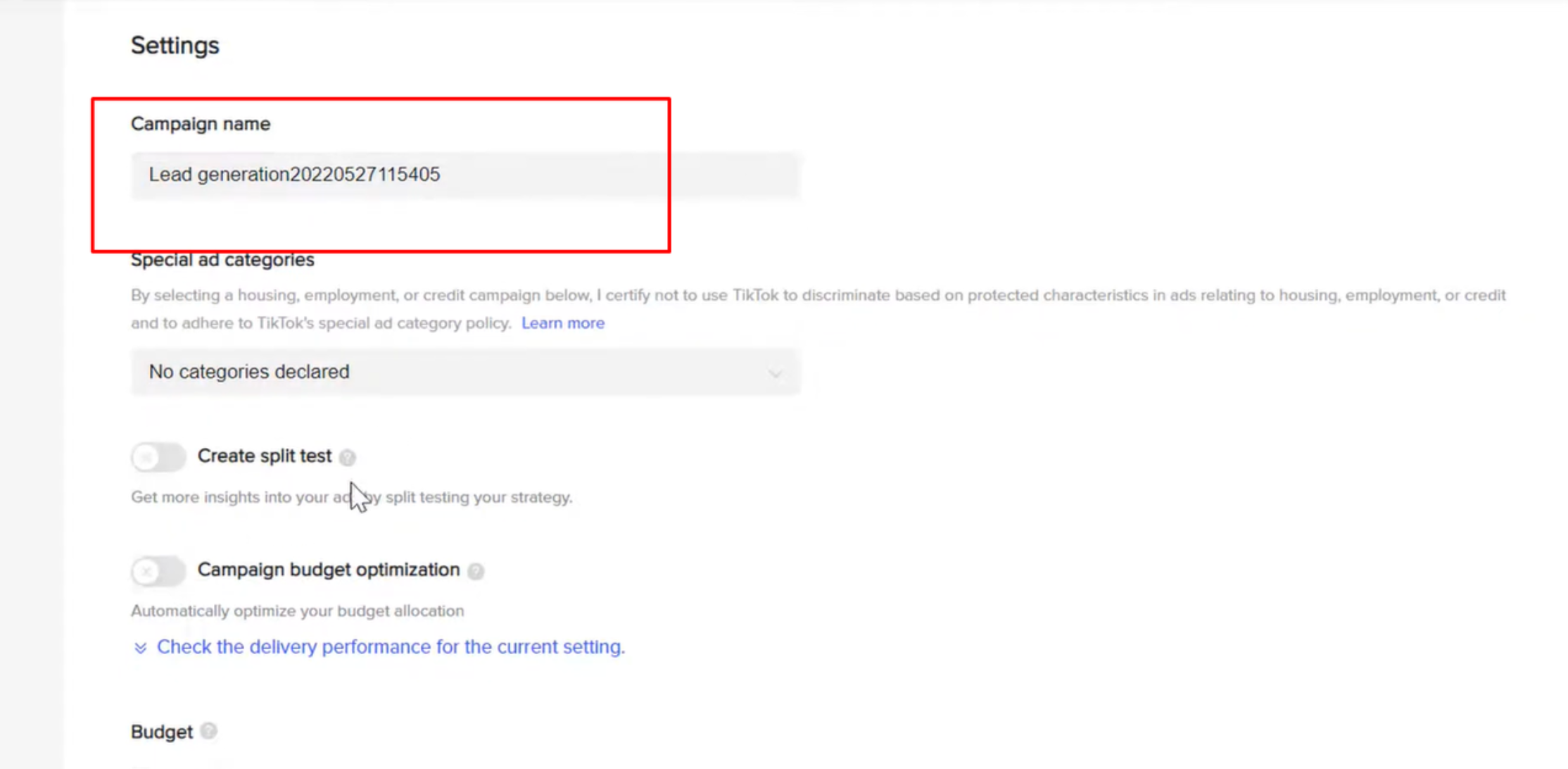 Erstellen und Einstellen einer neuen Kampagne für das TikTok-Formular