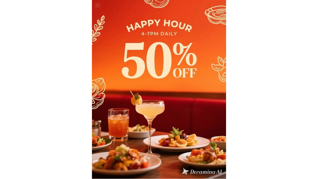 โปสเตอร์ชั่วโมงแห่งความสุขของร้านอาหาร