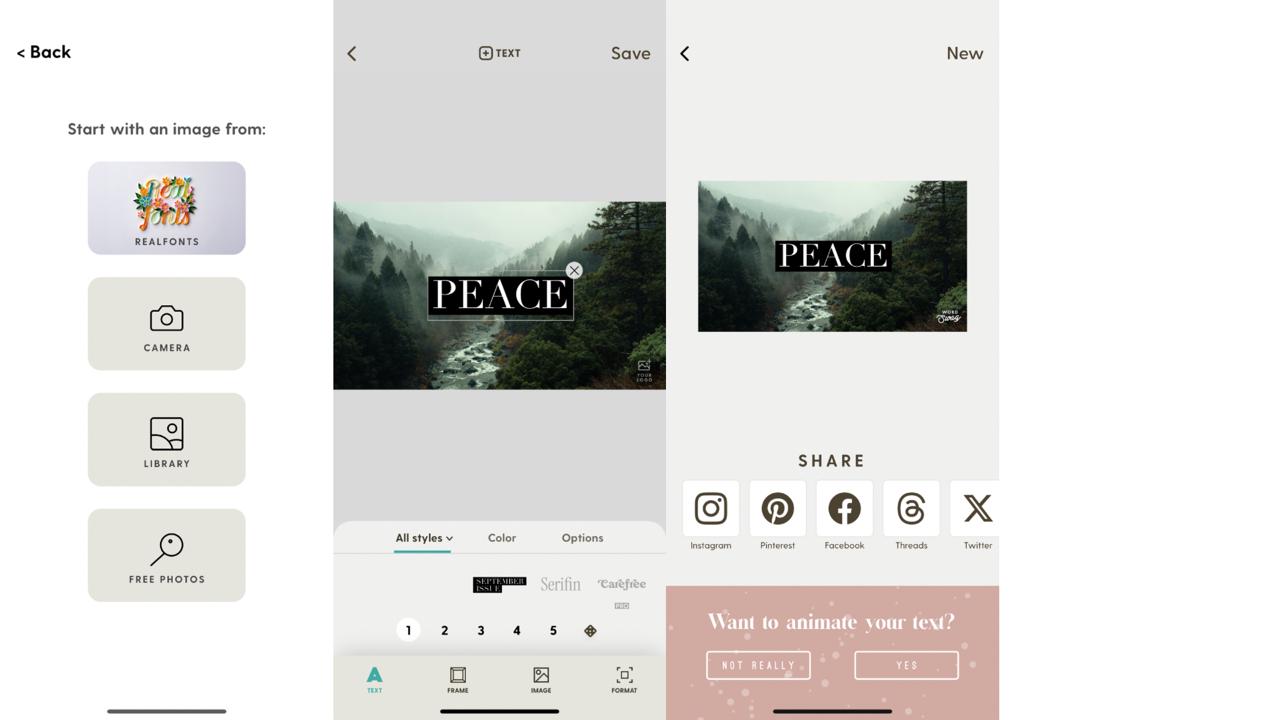Interface of Word Swag - an easy to use photo text editor on mobile