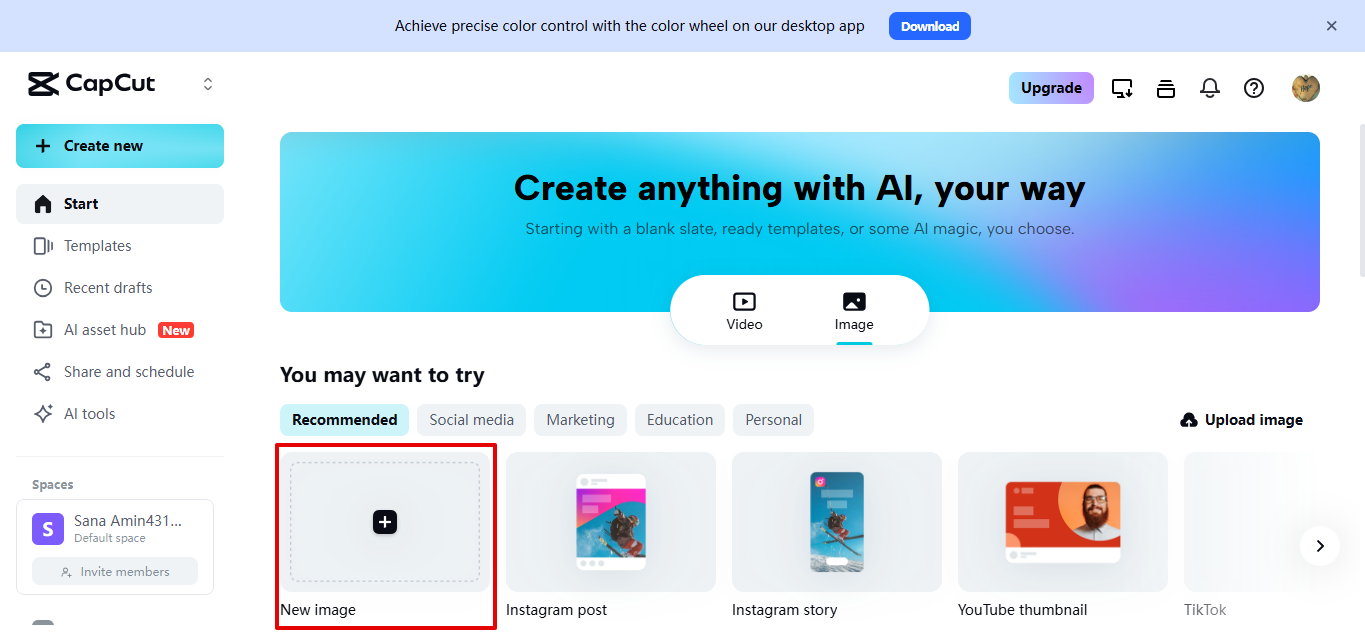 Opening image editor in CapCut Web