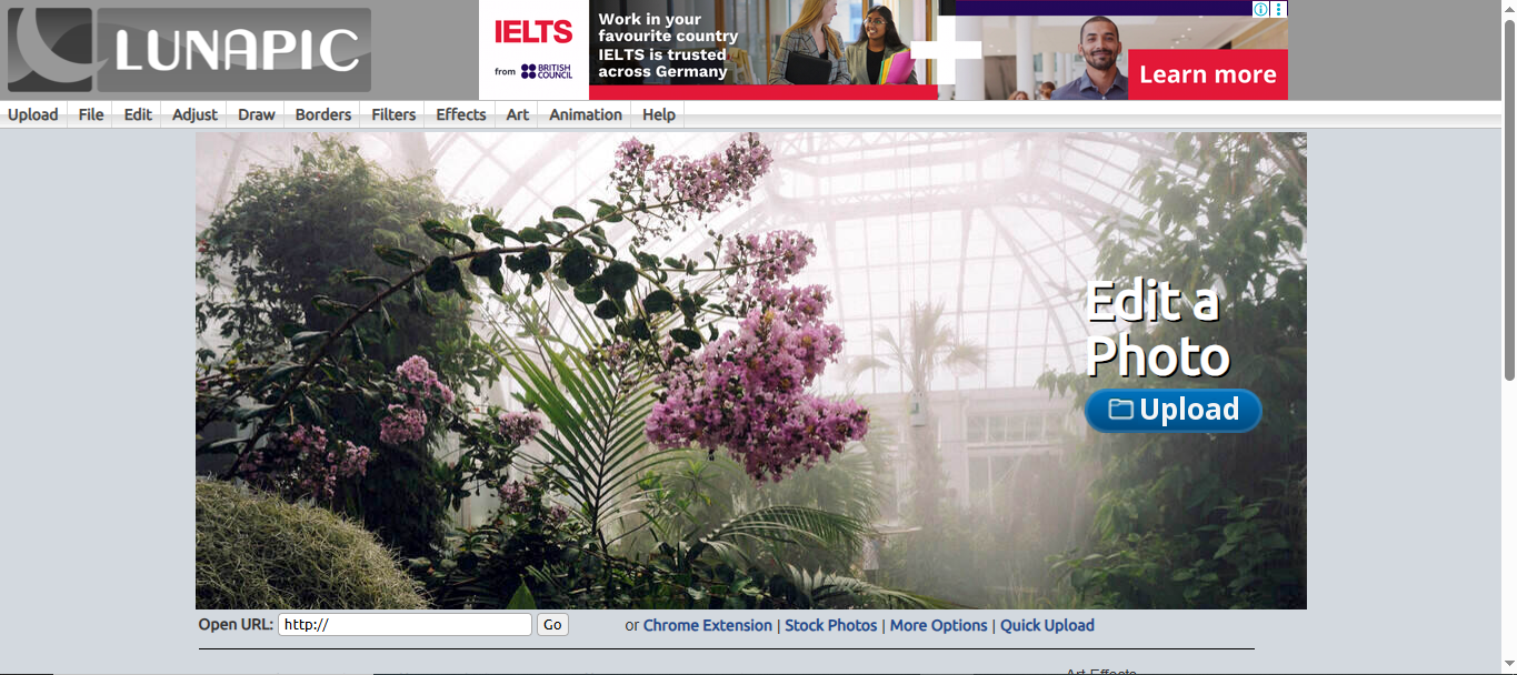 Rozhraní online editoru fotografií LunaPic