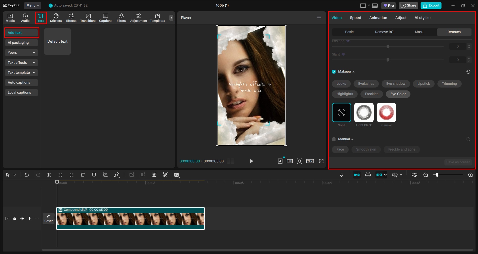 Changing eye color in the video with the CapCut desktop video editor