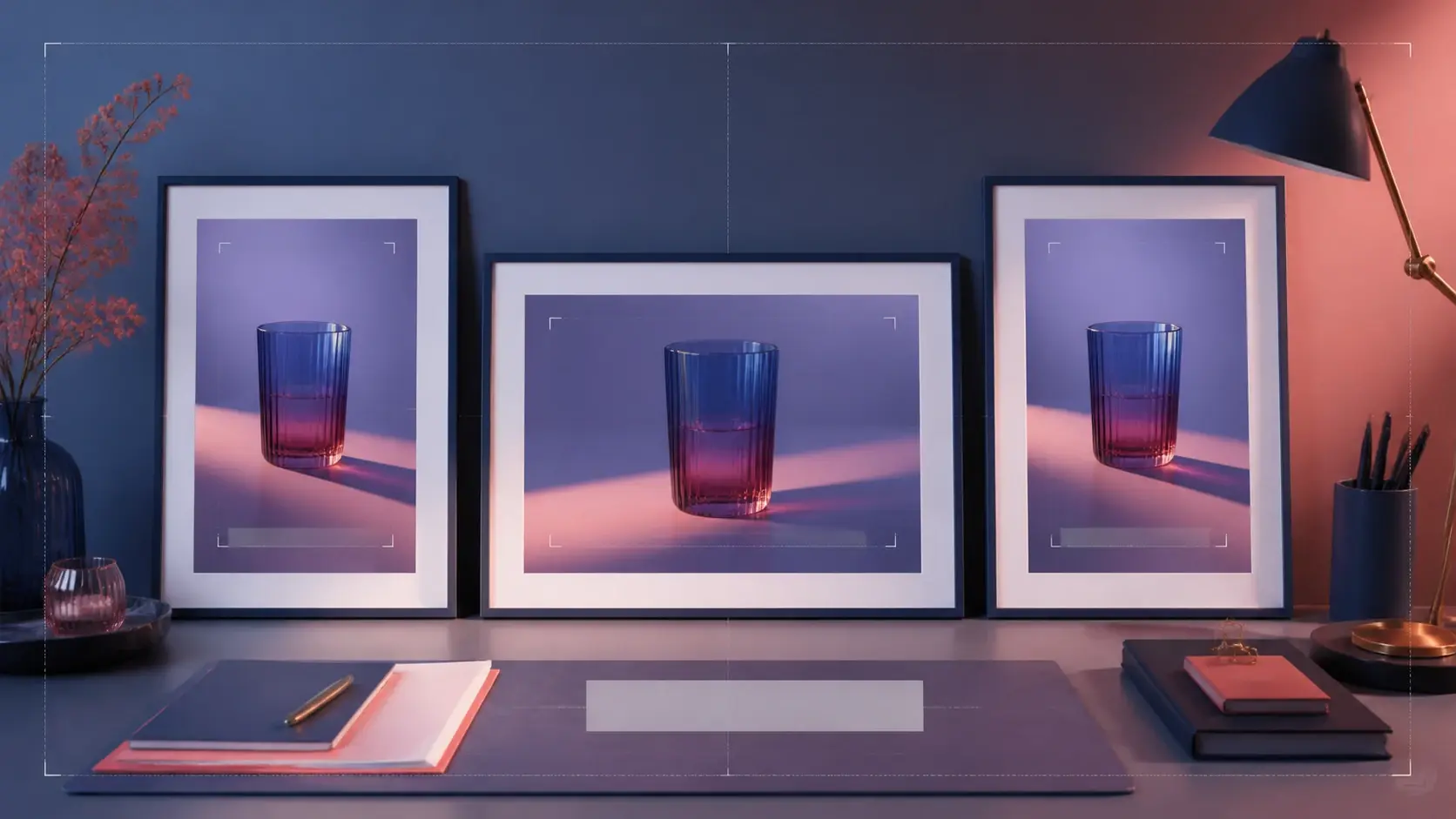 Three framed prints of a glass in a blue and pink room with crop guides