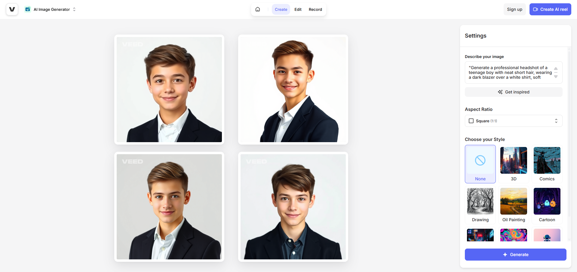 Veed.io AI headshot generator interface