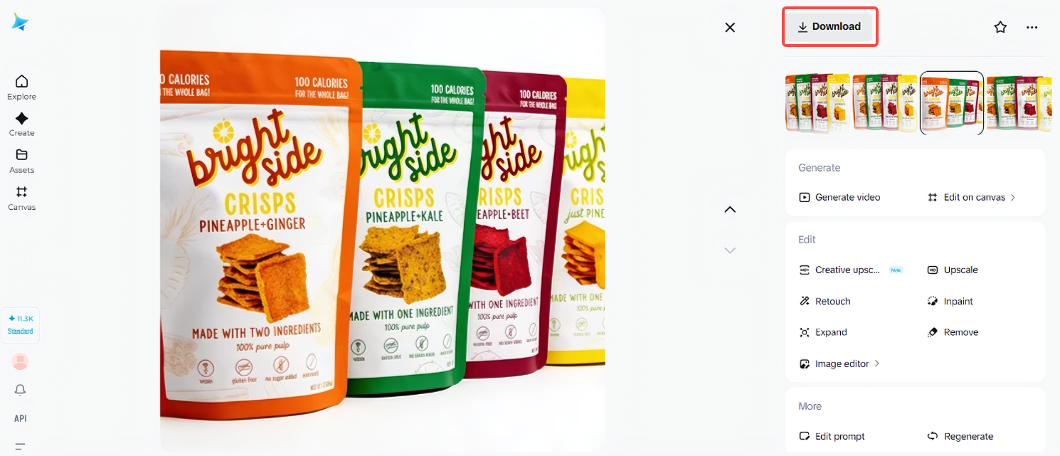 Downloading the snack packaging design in Dreamina