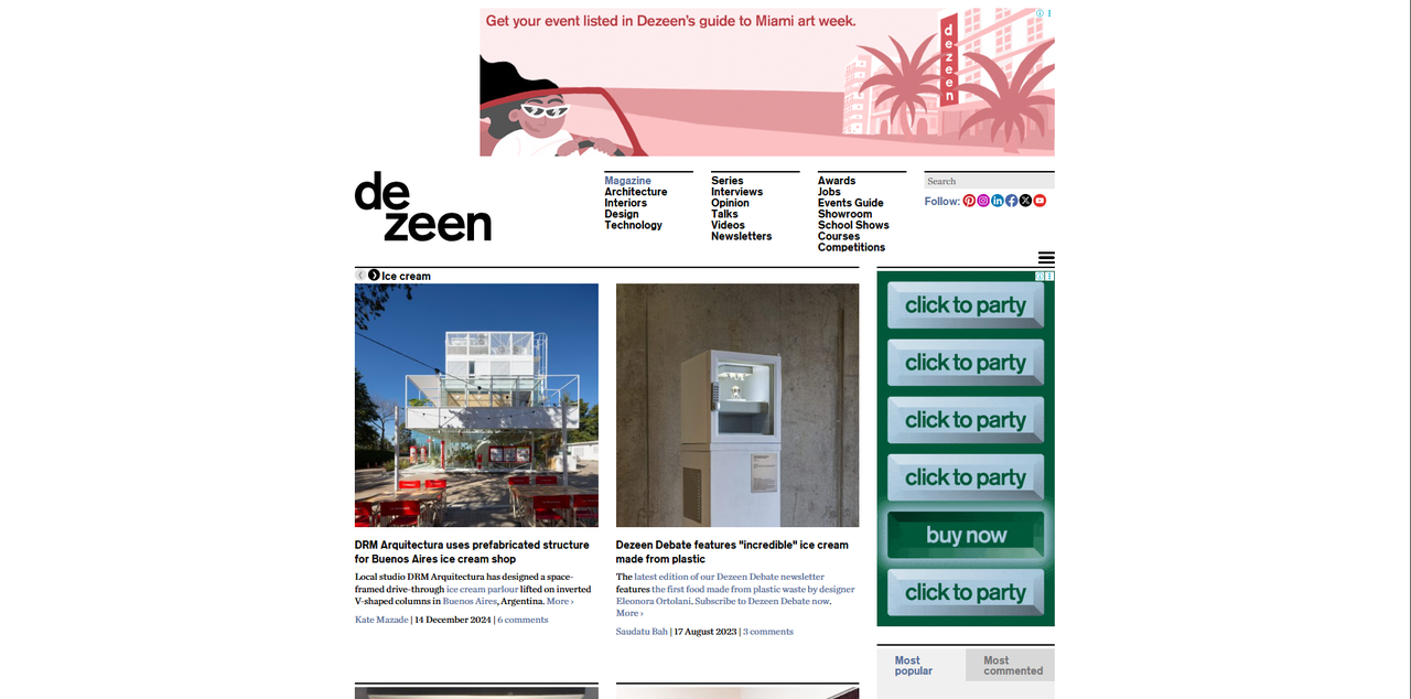 Interface of Dezeen - a diverse source for ice cream shop interior designs