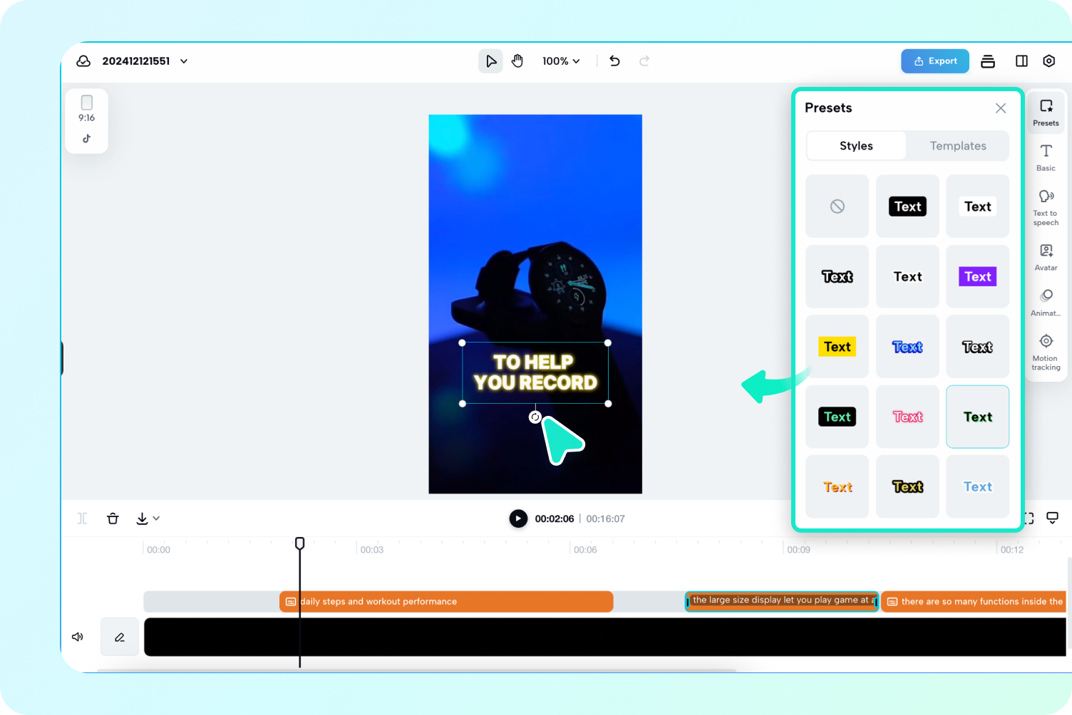 Pippit's video editor interface showcasing the 'Auto captions' feature being applied to a Patient FAQ Clip