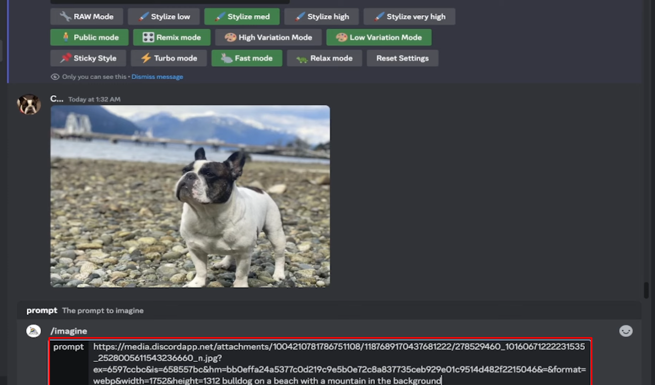 Entering a prompt in the MidJourney Discord Server