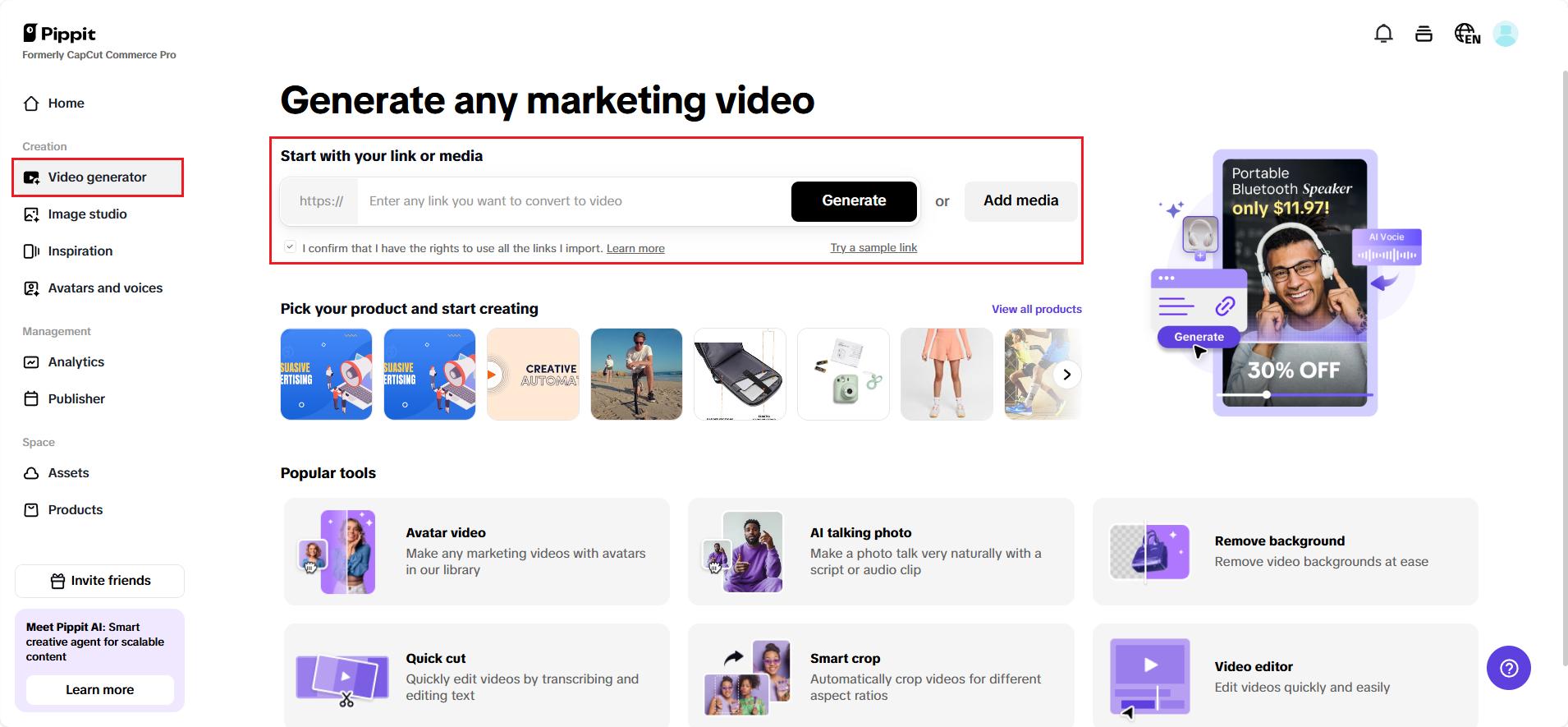 Generate videos with product links or media