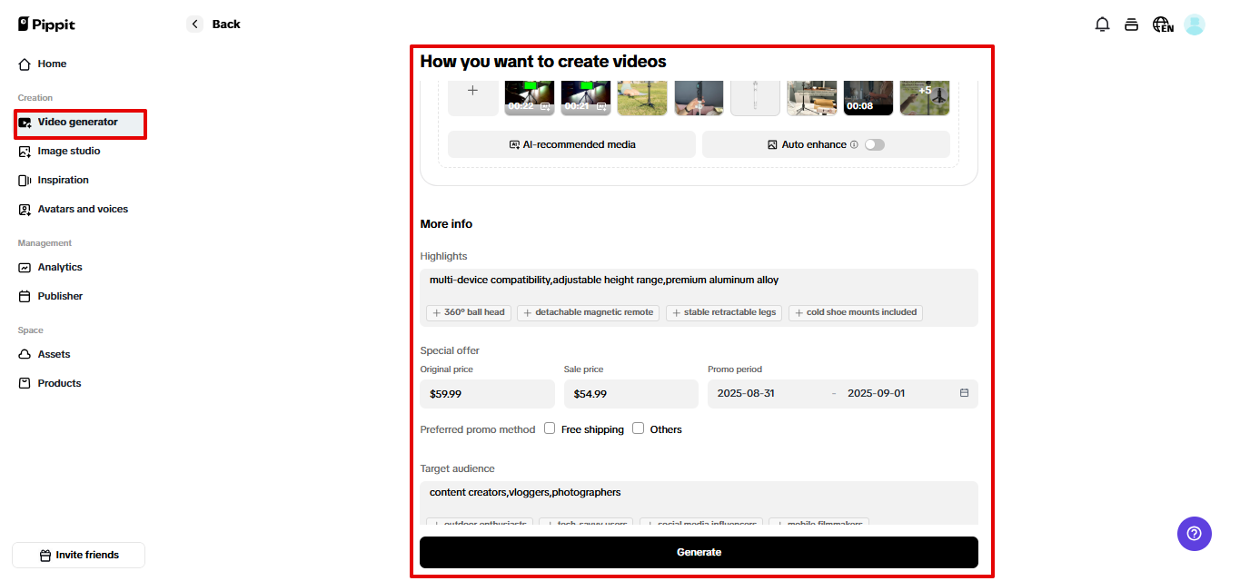 Generating video in Pippit