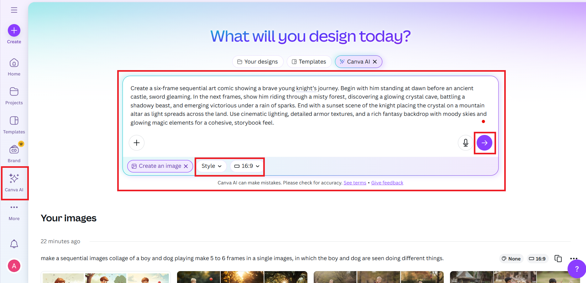 Type in the prompt in Canva