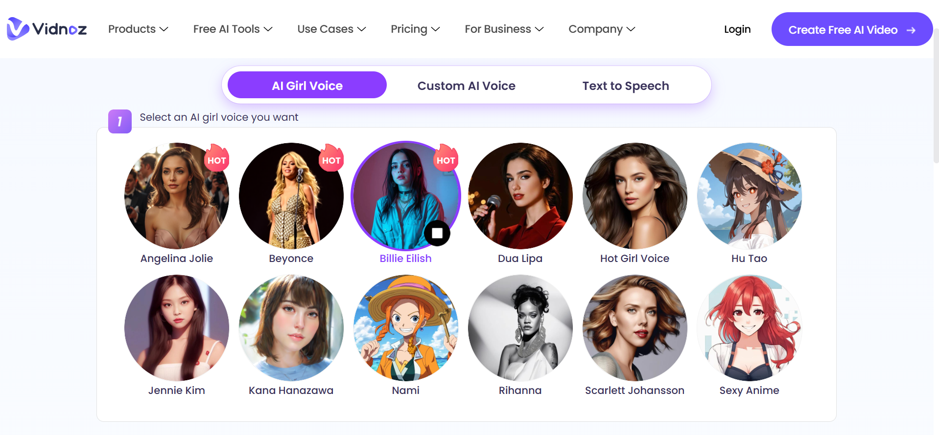 Interface ng Vidnoz - isa sa pinakamahusay na online girl voice changer
