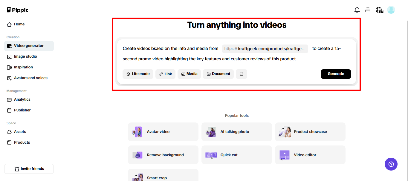 Opening video generator in Pippit