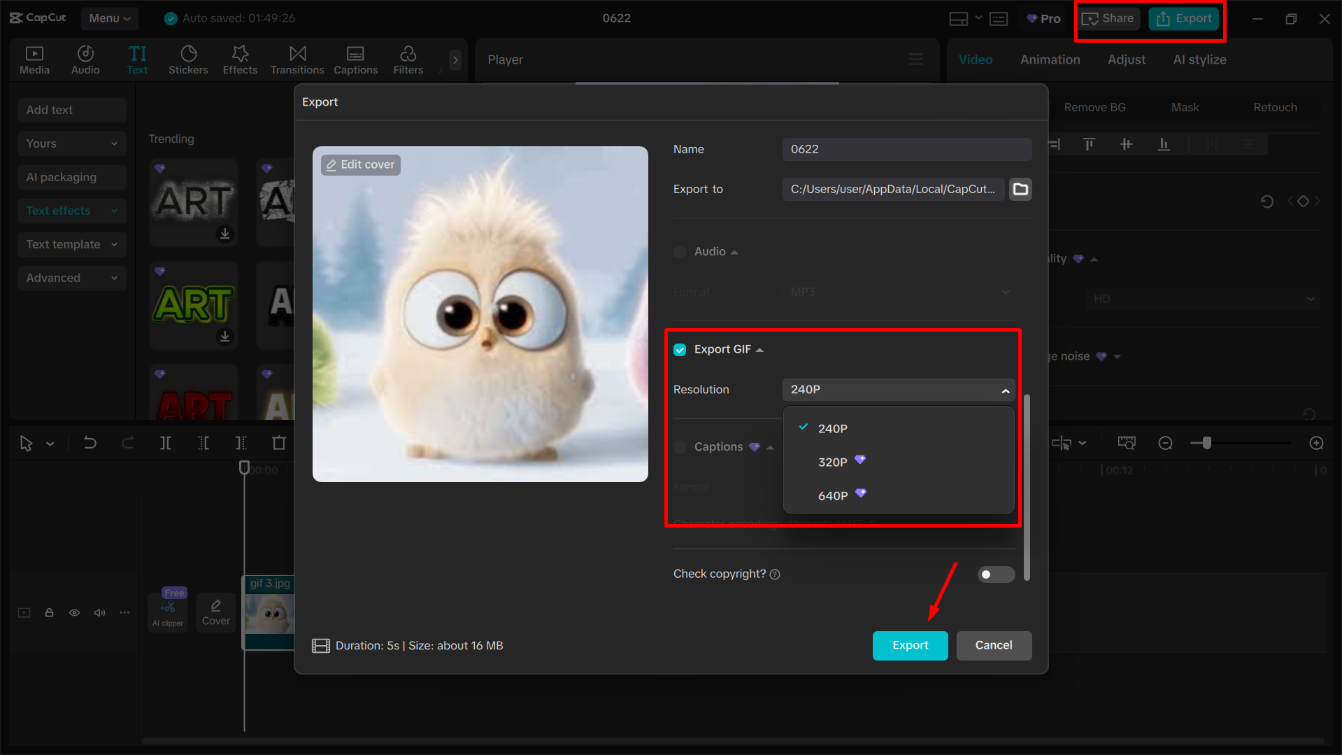 Exporting video as GIF from the CapCut desktop video editor
