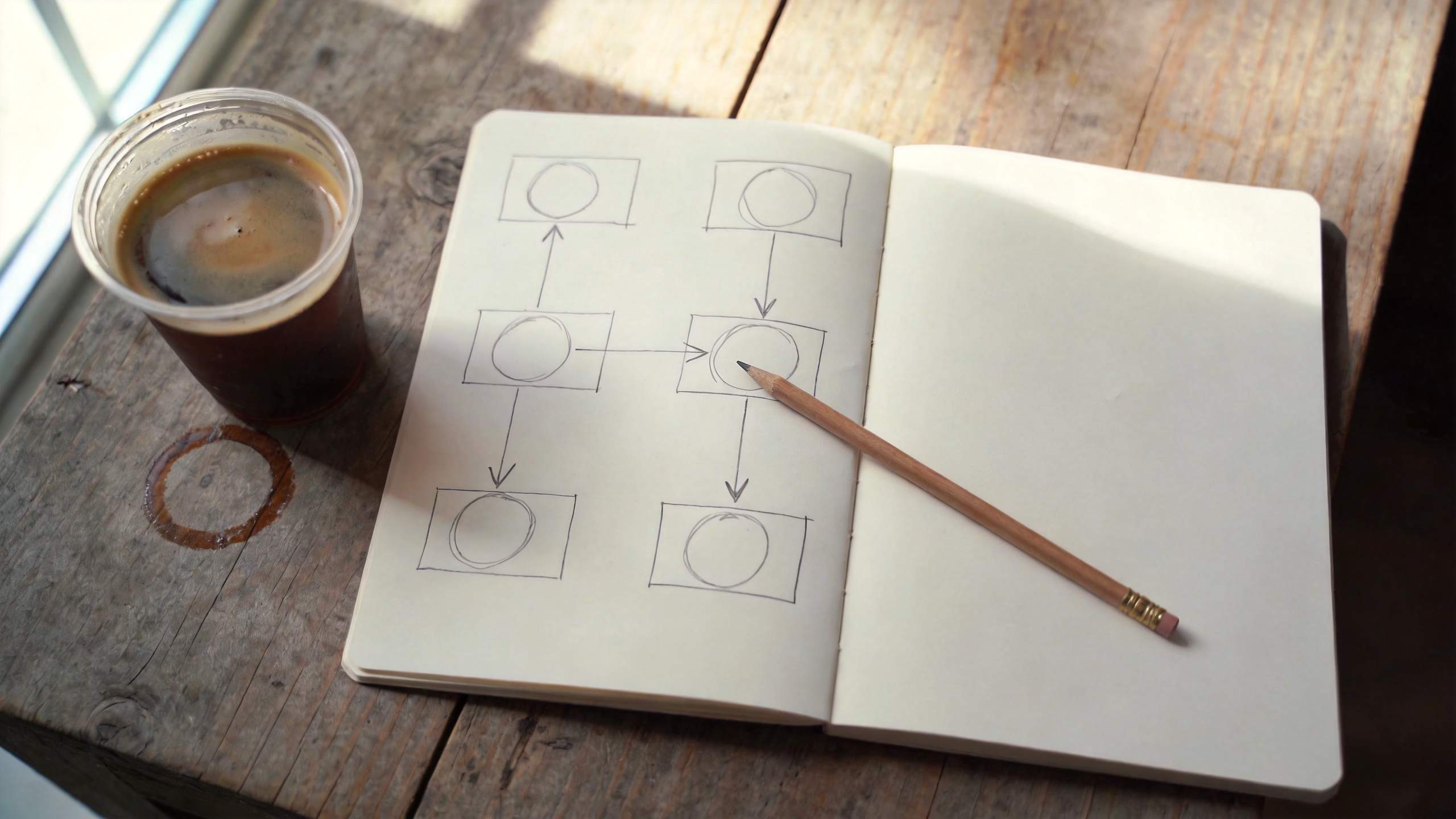 Notebook with a sketched flowchart, a pencil, and a cup of coffee on a wooden table