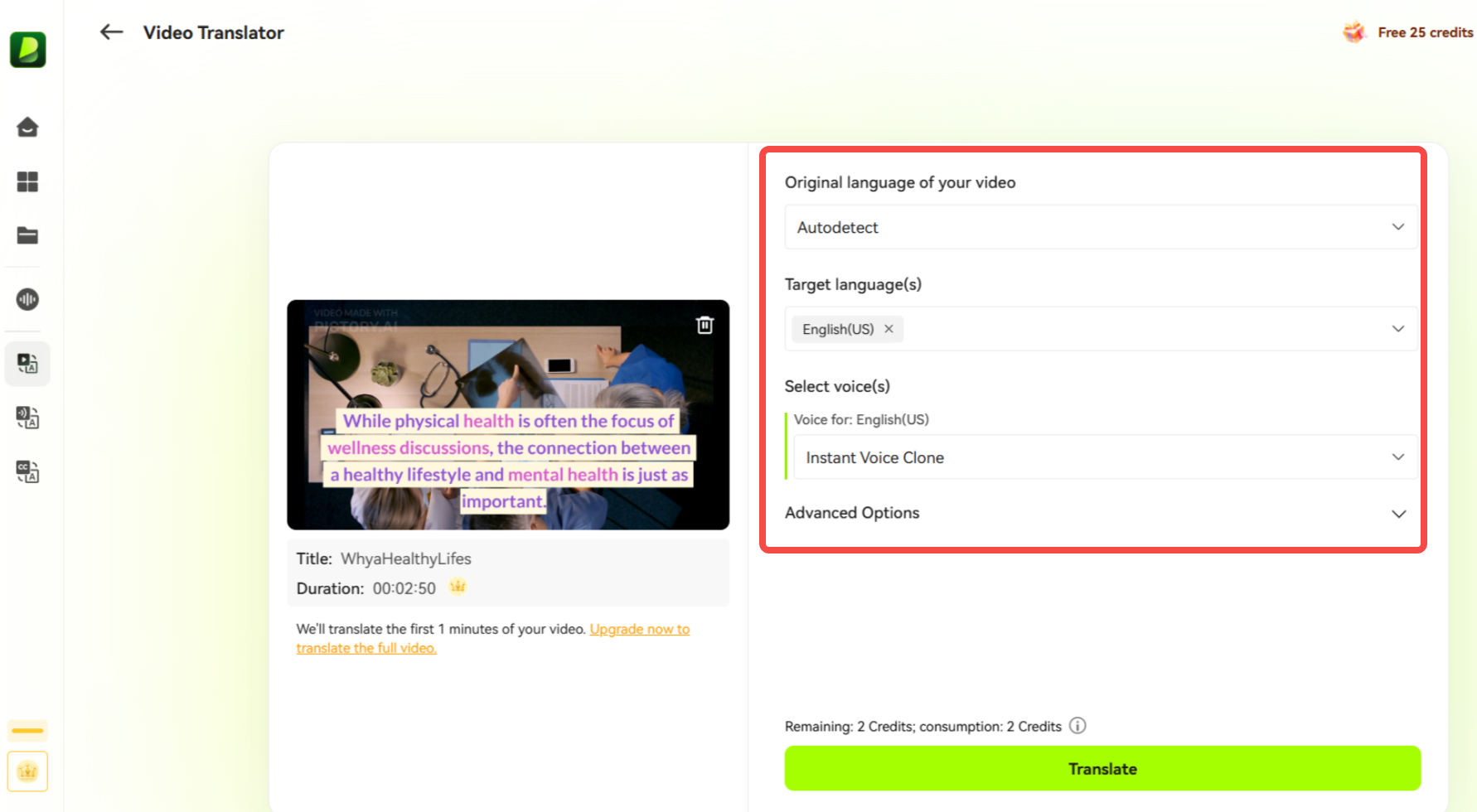 Choose the target language and Instant Voice Clone in BlipCut AI Video Translator settings