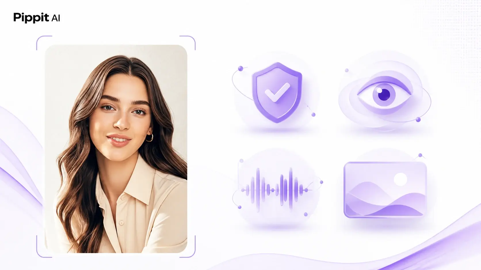 Portrait of a woman beside icons for privacy, eye, audio, and image content