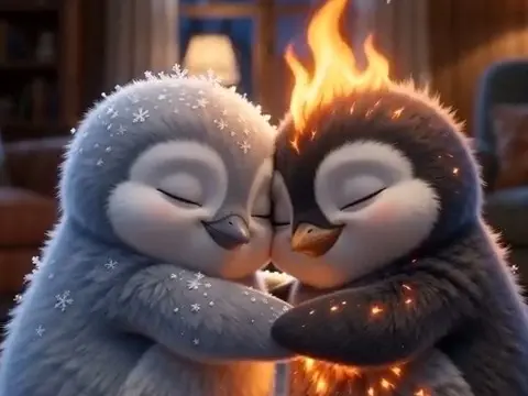 Fire and ice penguin couple hugging with flames on one and snowflakes on the other