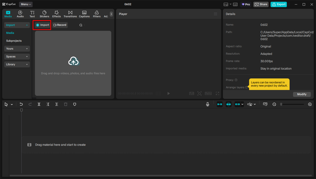 Importación de medios en el CapCut editor de vídeo de escritorio
