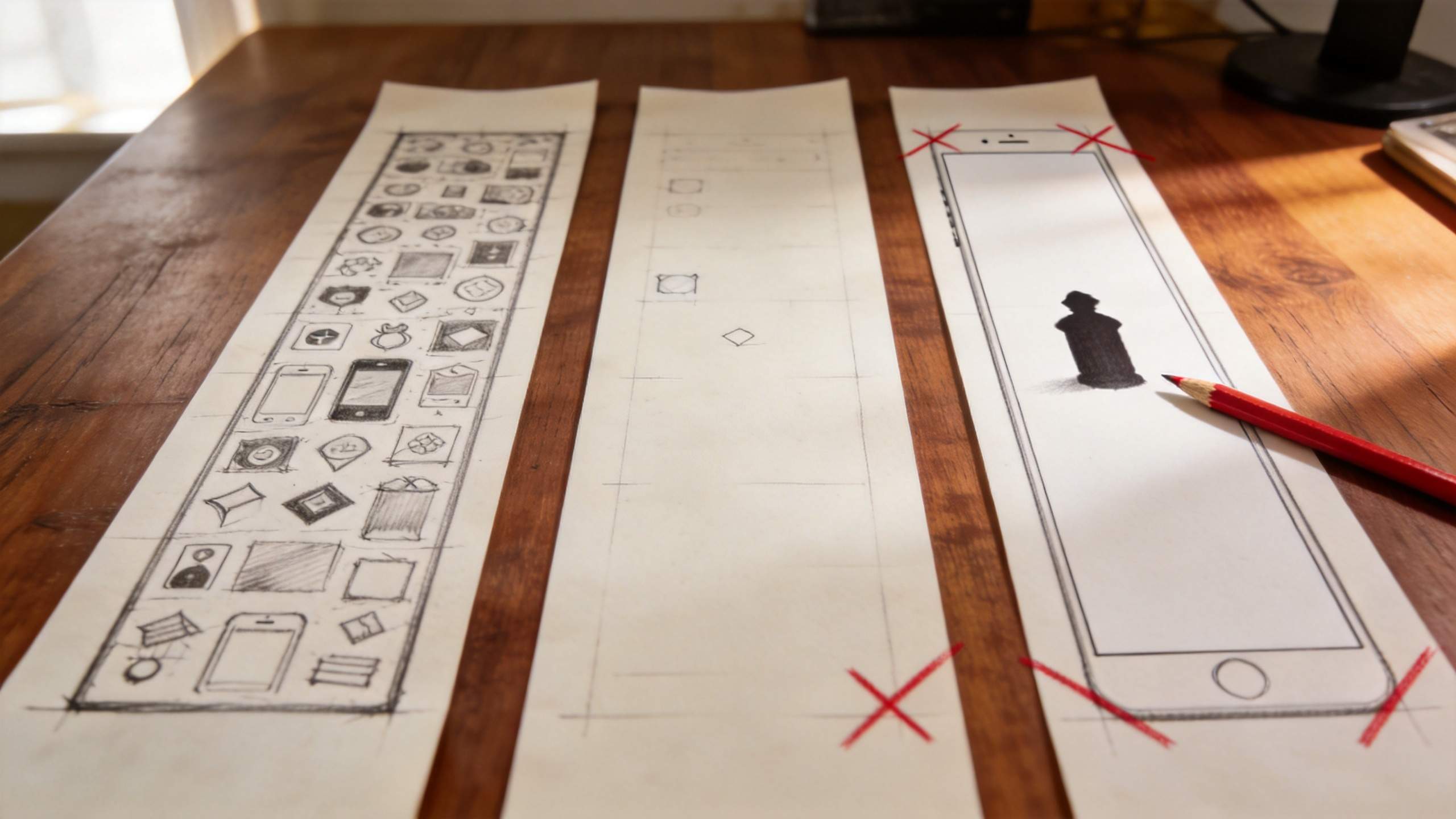 Three paper banner mockups on a wooden table, including a tall phone layout with a red pencil