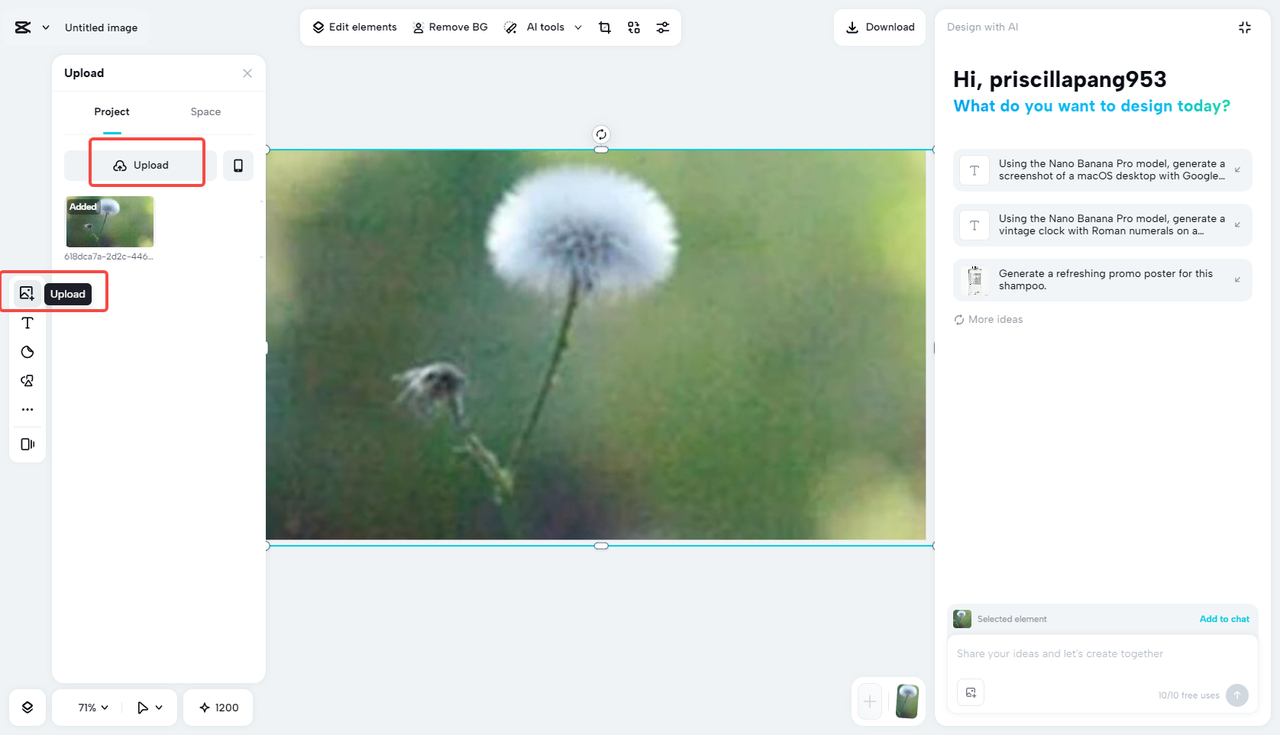 Upload an image to CapCut
