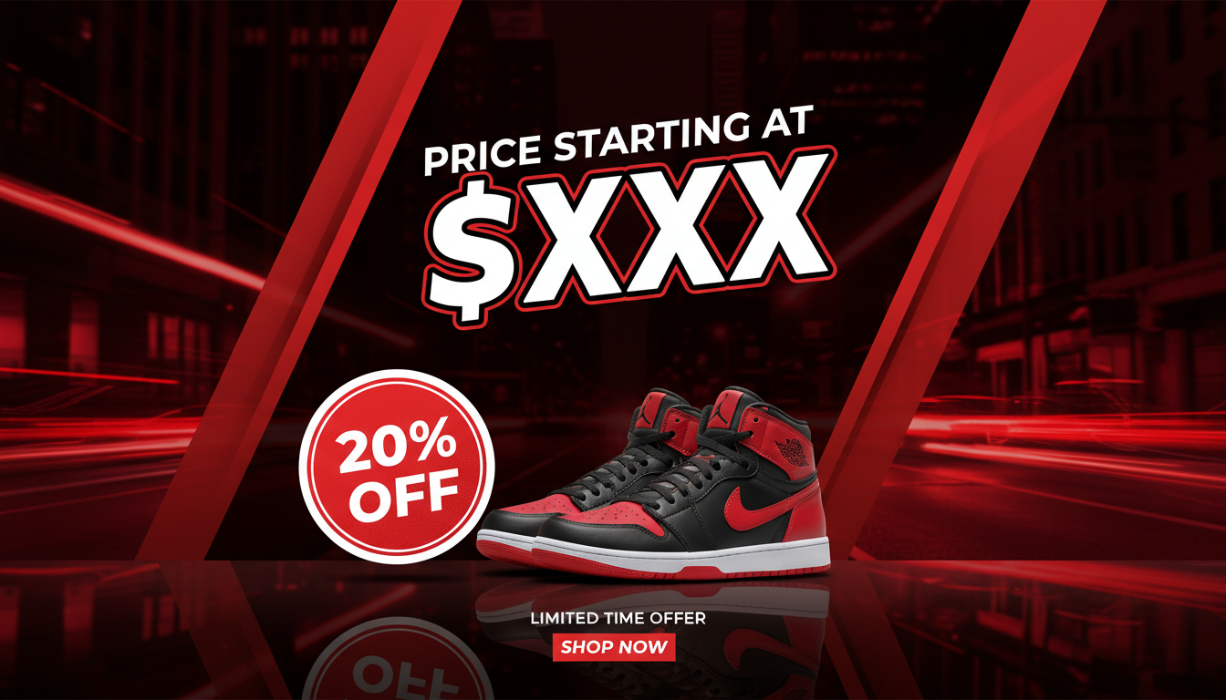 Sneaker promo template in red and black, blurred city street background, bold price placeholders, circular 20% OFF sticker placeholder, high-contrast 16:9 ad.