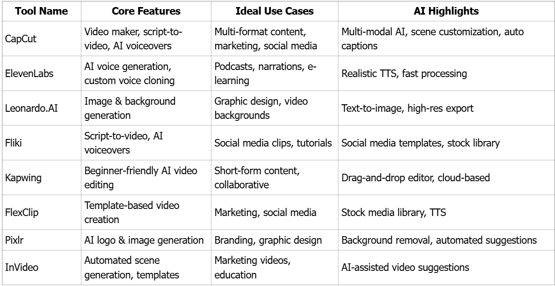 AI Generators Comparison Table