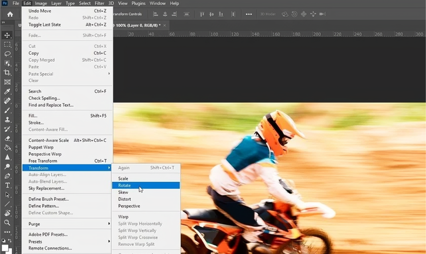 Select the rotate tool in the transform option
