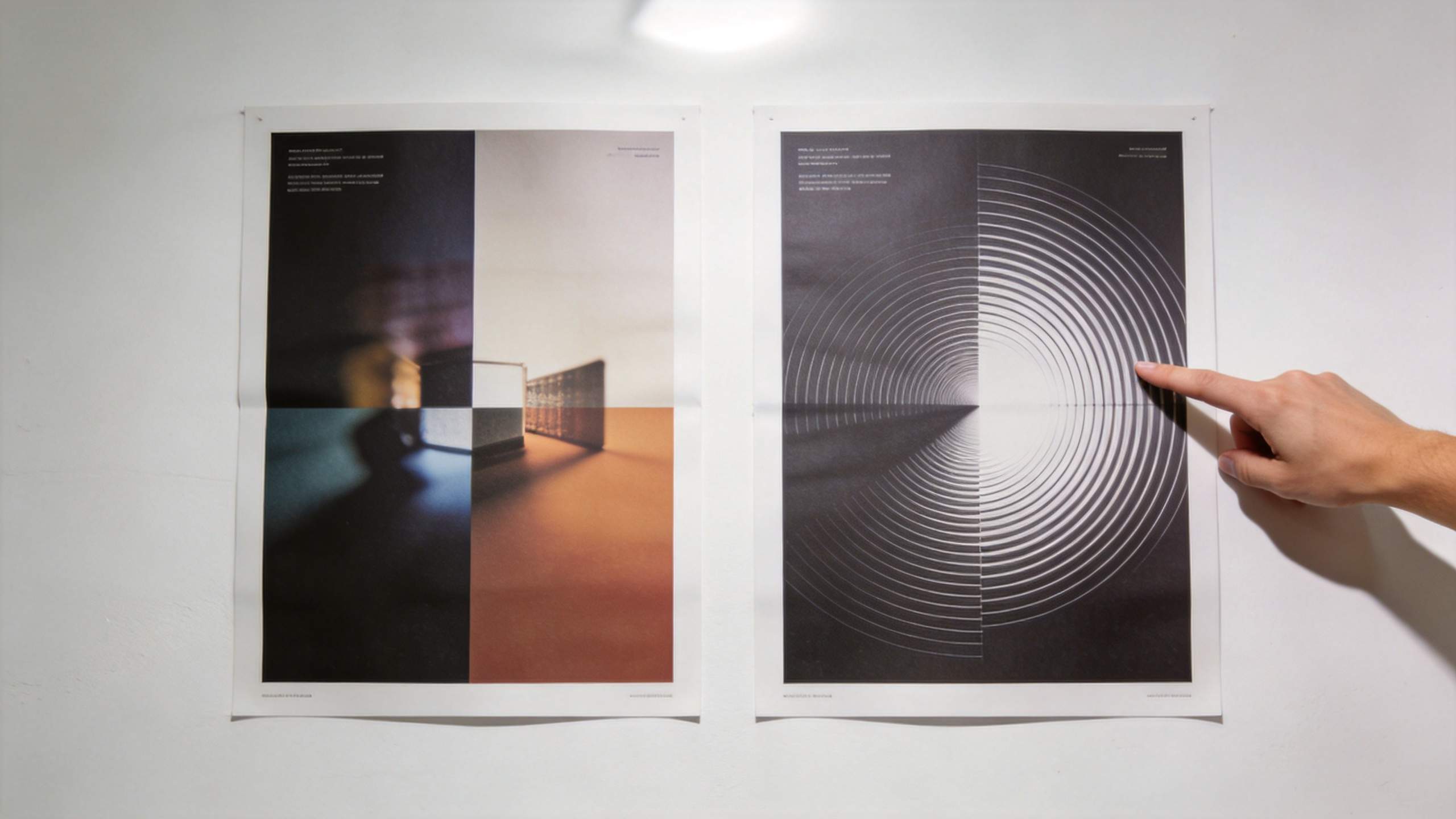 Two posters on a wall, with a hand pointing at concentric circles on the right poster