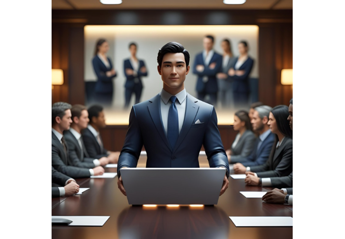 AI-generierter Sprecher präsentiert ein Unternehmensupdate in einem formellen Rahmen.