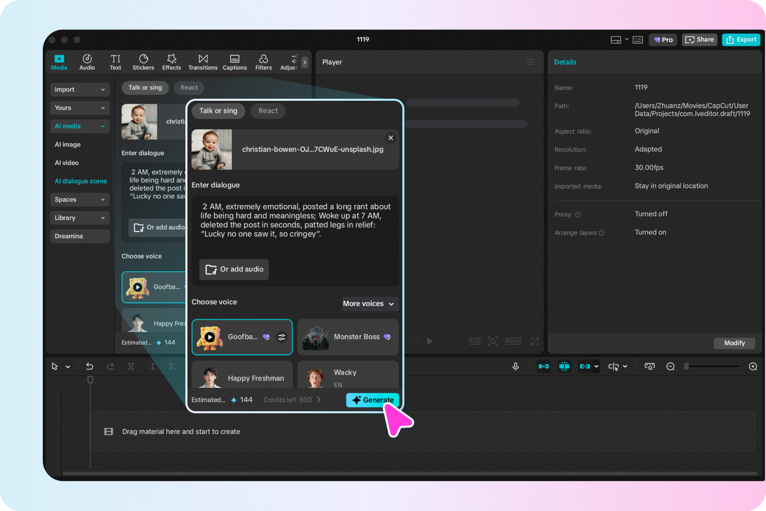 Add a script to CapCut's baby AI video generator