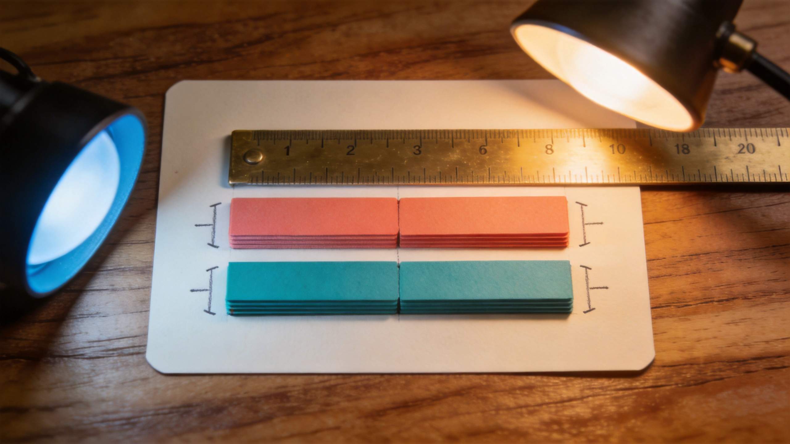 Two colored subtitle bars measured with a ruler on a board under desk lamps
