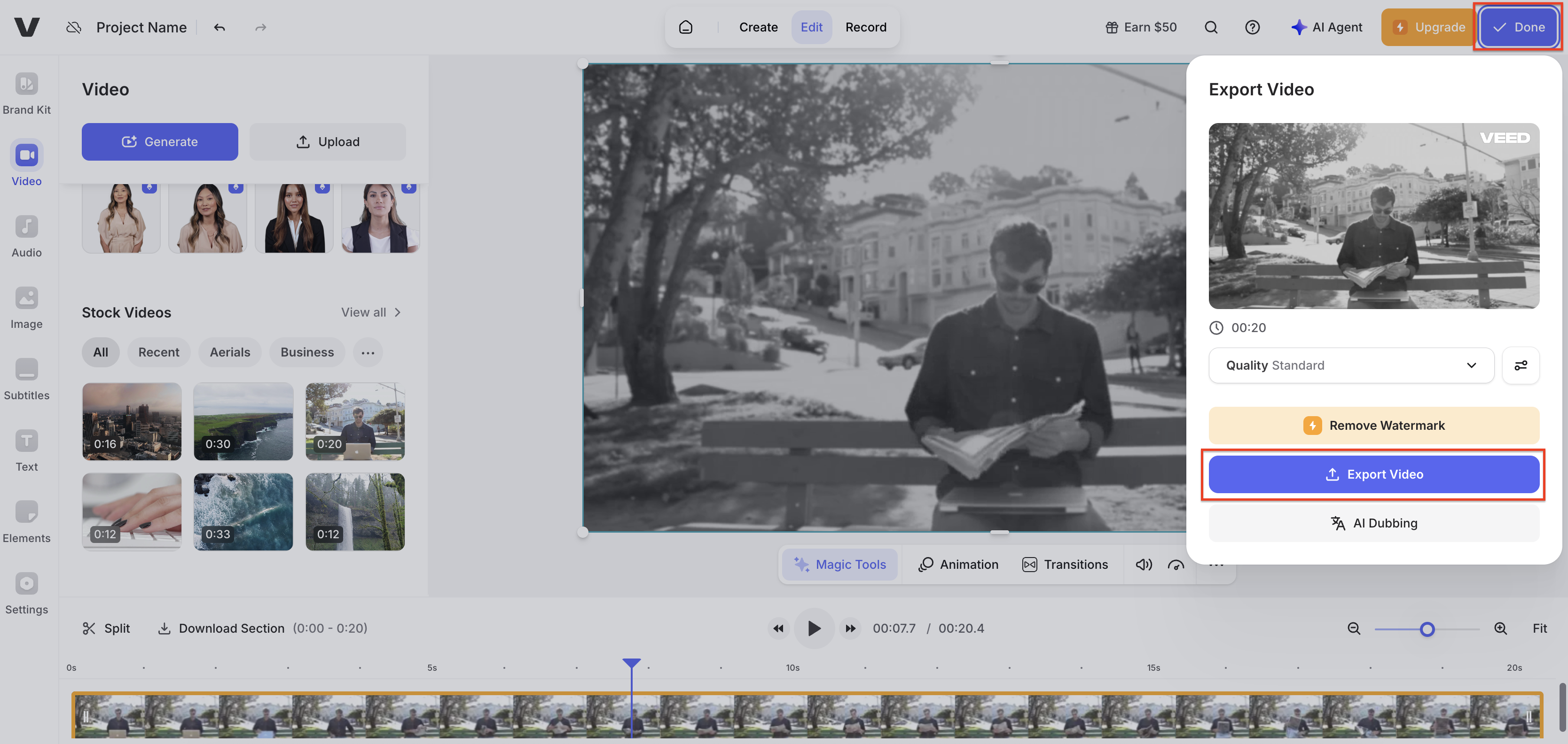 Export the black and white video file