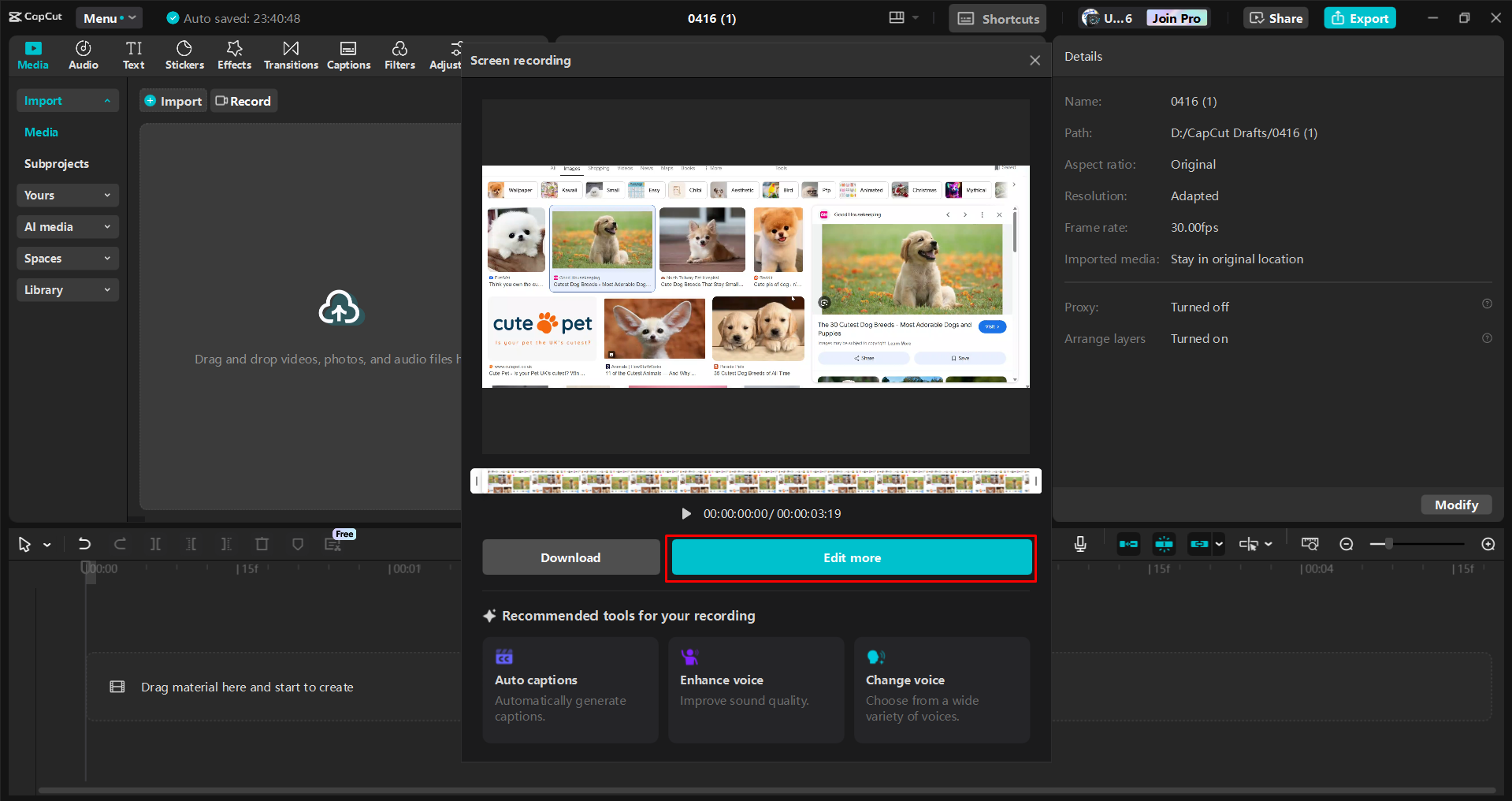 Recording desktop activity with the CapCut desktop video editor