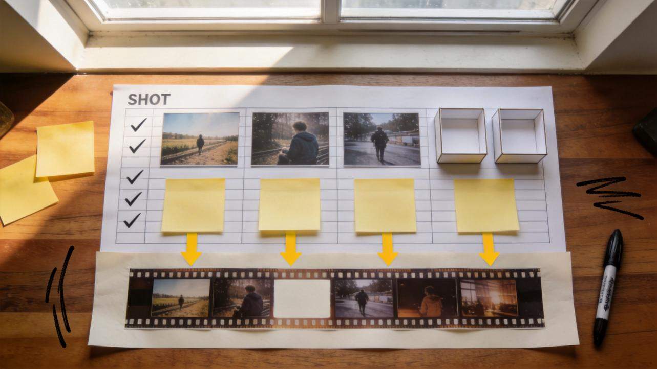 Storyboard on a desk with sticky notes, photos, and a film strip showing shot planning